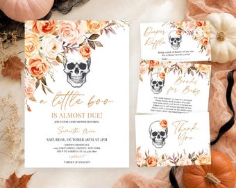 Editable Floral Skull Halloween Baby Shower Invitation Bundle, Gothic Halloween Baby Shower, Skull Fall Flowers Baby Shower Invite, BBS911