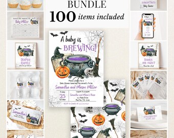 Paquete editable para baby shower de Halloween "Un bebé está en camino", paquete de invitaciones para baby shower de Halloween de género neutro, paquete de juegos de brujas, BBS417
