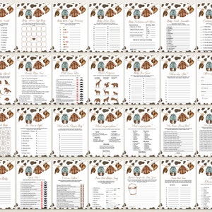 May include: A set of 20 printable baby shower game cards with a brown and white cow print background. The cards feature a variety of games, including "Baby Animal Bingo", "Guess the Baby Food", "Where was she?", and "What's in your purse?"