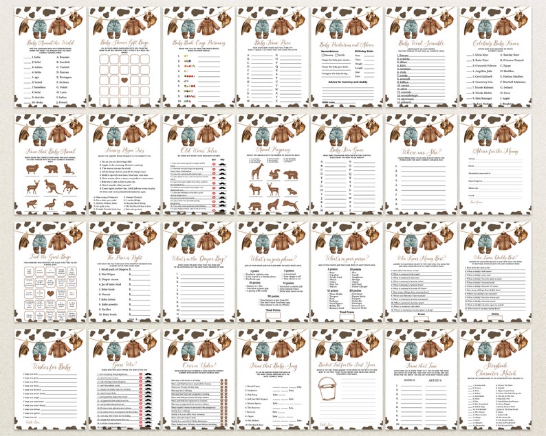 May include: A set of 20 printable baby shower game cards with a brown and white cow print background. The cards feature a variety of games, including "Baby Animal Bingo", "Guess the Baby Food", "Where was she?", and "What's in your purse?"