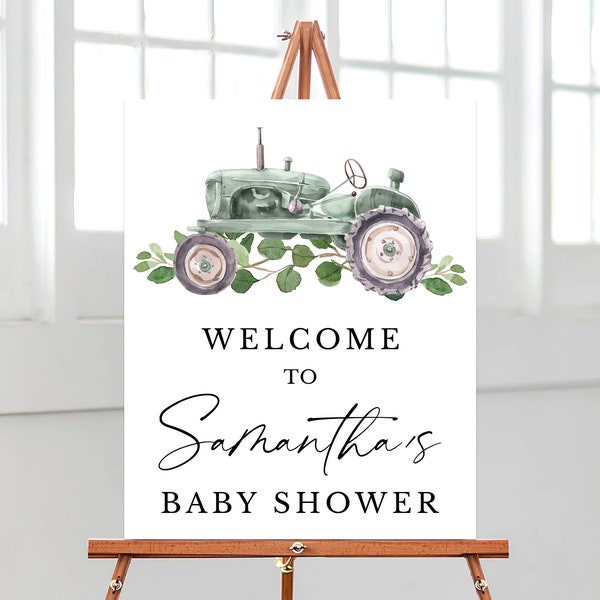 Editable It's a Boy Tractor Welcome Sign Baby Shower, Greenery Tractor Welcome Poster Baby Shower, Boy Tractor Baby Shower Decoration,BBS303