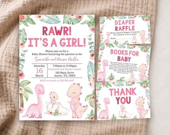 May include: A baby shower invitation set featuring pink dinosaurs, tropical leaves, and flowers. The text reads RAWR! IT'S A GIRL!, DIAPER RAFFLE, BOOKS FOR BABY, and THANK YOU, with event details for Samantha and Mason Miller on 16th March.