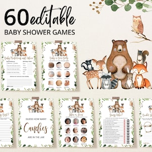 Editable Woodland Baby Shower Game Bundle, Boy Woodland Baby Shower Games, Woodland Animals Game Pack, Greenery Woodland Baby Shower, BBS301