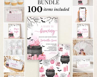 Editable Pink Girl A Baby is Brewing Halloween Baby Shower Bundle, Cauldron Shower Invitation Pack, Spooky Baby Shower Game Package, BBS770