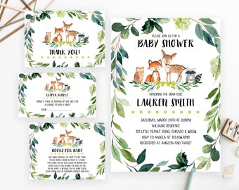 May include: A baby shower invitation set featuring watercolor forest animals including an owl, fox, deer, and raccoon surrounded by green leaves. The text includes 'PLEASE JOIN US FOR A BABY SHOWER', 'LAUREN SMITH', 'THANK YOU!', 'DIAPER RAFFLE', and 'BOOKS FOR BABY'.