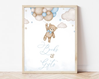 Books and Gifts Sign Brown Bear Balloon Baby Shower, We Can Bearly Wait Baby Shower Gifts Table Sign, Blue Boy Boho Bear Shower Decor,BBS388