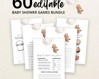Op de afbeelding: Een bundel van 60 bewerkbare babyshower-spelkaarten met een bruine teddybeer-illustratie, een witte ballon en zwarte tekst. De kaarten bevatten titels zoals Baby Predictions and Advice, Guess Who en Bucket List met lijnen om te schrijven.