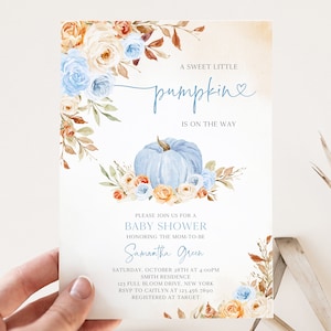 Editable Boy Blue Pumpkin Baby Shower Invitation, Fall Rustic Floral Pumpkin Baby Shower Invite, Little Pumpkin Baby Shower, BBS443