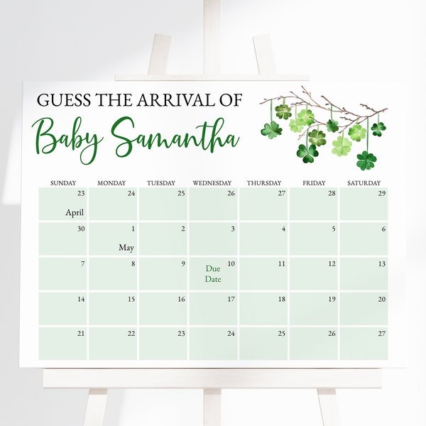 Editable A Little Lucky Charm Baby Shower Guess Baby's Arrival, St. Patrick's Day Clover Due Date Calendar, Shamrock Lucky One Shower,BBS361