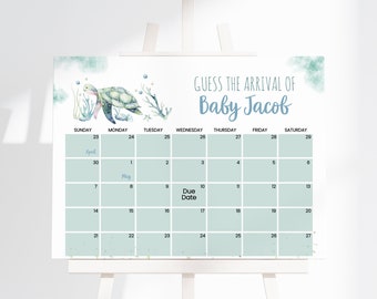 Puede incluir: Un cartel de calendario blanco con una tortuga marina, coral y burbujas en acuarela. El texto dice "GUESS THE ARRIVAL OF Baby Jacob" con etiquetas de "April" y "May". La cuadrícula incluye días de la semana y fechas, con "Due Date" en el día diez.