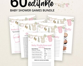 Può includere: Un set di 60 schede di gioco modificabili per baby shower con un'illustrazione di un filo per il bucato, vestiti da neonato rosa, scarpine e vegetazione. Le schede includono titoli come Bucket List, Baby Predictions and Advice e Guess Who, con righe vuote.