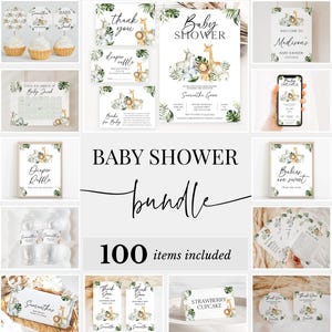Editable Safari Jungle Baby Shower Bundle, A Little Wild One Baby Shower Invitation Pack, Greenery Safari Animals Game Package, BBS726