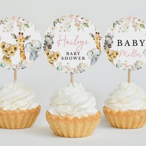 Editable A Little Wild One Girl Jungle Baby Shower Cupcake Topper, Greenery Floral Safari Jungle Animals Baby Shower Cake Topper, BBS393