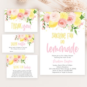 Editable Lemonade Baby Shower Invitation Bundle, Sunshine Lemonade Baby Shower Invite, Pink Floral Lemonade Baby Shower Invite,  BBS403