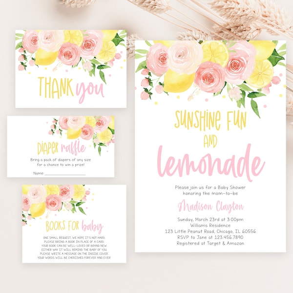 Editable Lemonade Baby Shower Invitation Bundle, Sunshine Lemonade Baby Shower Invite, Pink Floral Lemonade Baby Shower Invite,  BBS403