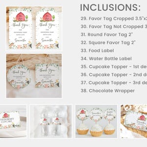 Puede incluir: Conjunto imprimible de decoraciones para baby shower con tem&aacute;tica de granja, que incluye etiquetas de regalo, adornos para cupcakes, etiquetas para alimentos y etiquetas para botellas de agua. El dise&ntilde;o presenta un granero rojo, animales y el texto "Gracias por duchar al beb&eacute; con amor".
