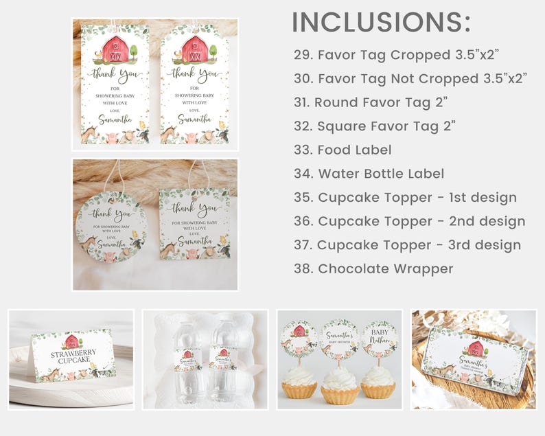 Puede incluir: Conjunto imprimible de decoraciones para baby shower con tem&aacute;tica de granja, que incluye etiquetas de regalo, adornos para cupcakes, etiquetas para alimentos y etiquetas para botellas de agua. El dise&ntilde;o presenta un granero rojo, animales y el texto "Gracias por duchar al beb&eacute; con amor".