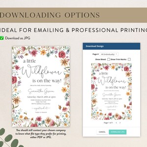 May include: A printable invitation for a baby shower with a watercolour floral border and the text "a little wildflower is on the way!" The invitation is for a baby shower for Samantha Green on Saturday, March 28th at 2pm.