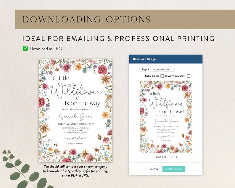 May include: A printable invitation for a baby shower with a watercolour floral border and the text "a little wildflower is on the way!" The invitation is for a baby shower for Samantha Green on Saturday, March 28th at 2pm.