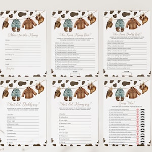 May include: A set of six printable baby shower game cards with a cow print background. The cards feature a brown, blue, and white color scheme and include questions about the parents-to-be. The text on the cards includes "Advice for the Mommy", "Who Knows Mommy Best?", "Who Knows Daddy Best?", "What Did Daddy Say?", "What Did Mommy Say?", and "Guess Who?"