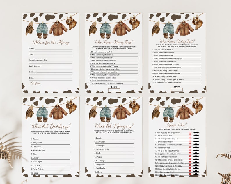 May include: A set of six printable baby shower game cards with a cow print background. The cards feature a brown, blue, and white color scheme and include questions about the parents-to-be. The text on the cards includes "Advice for the Mommy", "Who Knows Mommy Best?", "Who Knows Daddy Best?", "What Did Daddy Say?", "What Did Mommy Say?", and "Guess Who?"