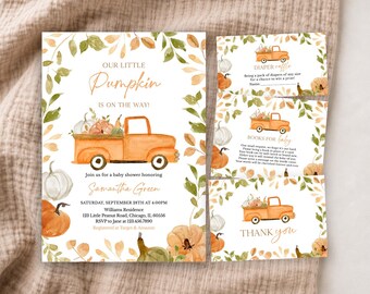 Op de afbeelding: Een babyshower uitnodigingsset met aquarelillustraties van oranje pompoenen en een vintage oranje vrachtwagen. De tekst luidt Our Little Pumpkin Is On The Way, Samantha Green, Saturday, September 28th at 4:00PM, Williams Residence, 123 Little Peanut Road, Chicago, IL 60556, RSVP to Jane at 123.456.7890, Registered at Target & Amazon, Diaper Raffle en Thank You.