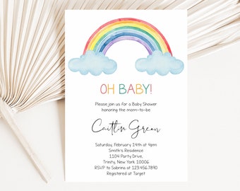 Editable Oh Baby Rainbow Baby Shower Invitation, Classic Rainbow Baby Shower Invite, Gender Neutral Rainbow Baby Shower, BBS365