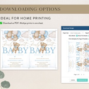 May include: Two printable baby shower invitations featuring a teddy bear holding balloons. The invitations are blue and brown with the text "We can barely wait... Baby Baby" and "Nathan is on the way!" The invitations are designed to be printed on A4 paper.