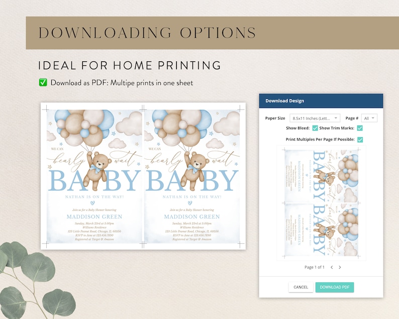May include: Two printable baby shower invitations featuring a teddy bear holding balloons. The invitations are blue and brown with the text "We can barely wait... Baby Baby" and "Nathan is on the way!" The invitations are designed to be printed on A4 paper.