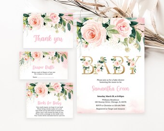 May include: A set of baby shower invitations and cards with a floral design. The invitation features the word "BABY" in gold, with the name "Samantha Green" and event details. Additional cards include "Thank you," "Diaper Raffle," and "Books for Baby."