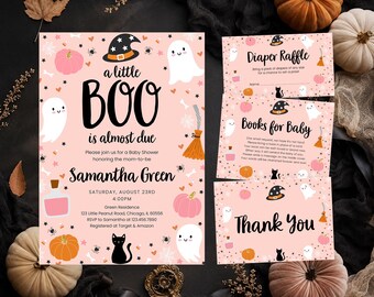 Editable Pink A Little Boo Baby Shower Invitation Bundle, Girl Halloween Baby Shower Invite, Ghost Halloween Baby Shower Invite, BBS489