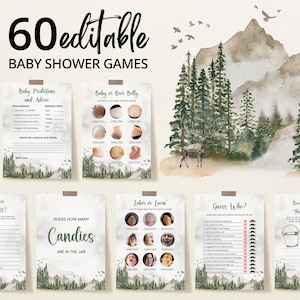 Pacchetto di giochi per baby shower modificabili Let the Adventure Begin, gioco per baby shower di genere neutro, pacchetto di giochi per baby shower Forest, giochi per baby shower Pine Tree, BBS468