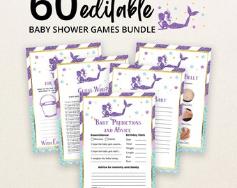 Anpassbares Meerjungfrauen-Babyparty-Spielpaket, Unterwasser-Babyparty-Spielpaket, Streusel, Lila, Türkis Meerjungfrauen-Babyparty-Spiele, BBS255
