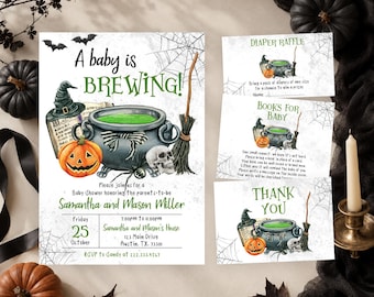 Paquete de invitaciones editables para baby shower de Halloween "A Baby Is Brewing", invitación verde unisex para baby shower de Halloween, baby shower de brujas, BBS418