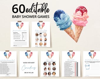 Paquete de juegos editables para revelar el género de niña o niño, paquete de juegos para baby shower con helado rosa y azul, juegos para baby shower de verano, BBS1067
