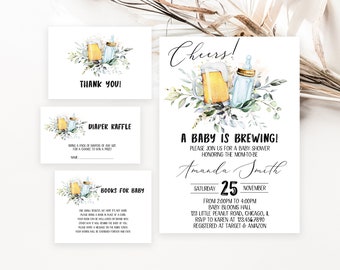 Può includere: Un invito a un baby shower con un'illustrazione ad acquerello di una bottiglia di birra e un biberon con foglie verdi. Il testo recita "Cheers! A Baby is Brewing!" e include la data, l'ora e il luogo dell'evento. L'invito include anche il nome della futura mamma, Amanda Smith.