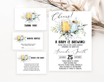 Editable A Baby is Brewing Baby Shower Invitation Bundle, Coed Baby Shower, Beer and Milk Bottle Baby Shower Invite, Brewing Invite BBS188