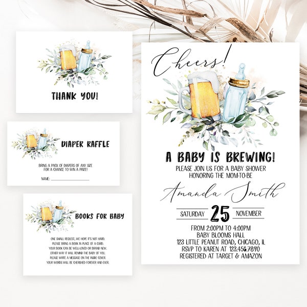 Modifiable A Baby is Brewing Baby Shower Invitation Bundle, Coed Baby Shower, Beer and Milk Bottle Baby Shower Invite, Brewing Invite BBS188