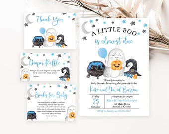 Editable Blue A Little Boo Baby Shower Invitation Bundle, Boy Halloween Baby Shower Invite, Ghost Halloween Baby Shower Invite, BBS422