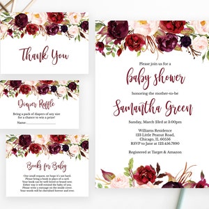 Editable Burgundy Floral Baby Shower Invitation Bundle, Girl Burgundy Baby Shower Invitation, Marsala Floral Baby Shower Invitation, BBS262
