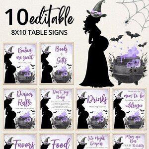 May include: A set of ten editable 8x10 table signs with a Halloween theme. Each sign features a silhouette of a pregnant witch, a cauldron with purple smoke, and text such as "Babies are sweet" and "Drinks".