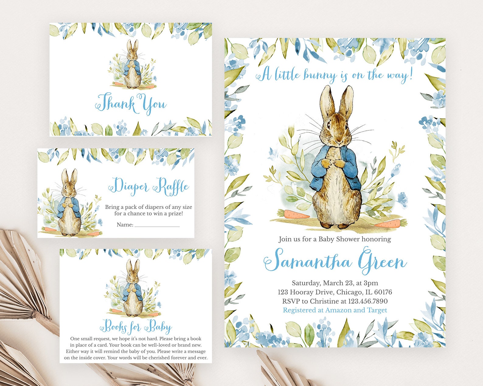 Editable Peter Rabbit Baby Shower Invitation Bundle, Blue Peter