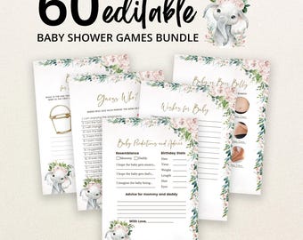 Può includere: Un set di 60 carte gioco modificabili per baby shower con un'illustrazione ad acquerello di un elefante con corona floreale. Le carte bianche presentano testo dorato, decorazioni di fogliame verde e attività come Baby Predictions and Advice.