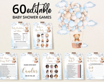 Pacchetto di giochi per baby shower "Orso Blu con Palloncino" modificabile, pacchetto di giochi per baby shower "Non vediamo l'ora" (We Can Bearly Wait), giochi per baby shower "Orso con Mongolfiera", BBS746