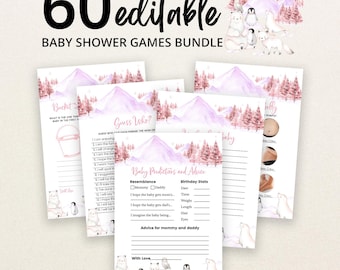 Op de afbeelding: Een bundel van 60 bewerkbare babyshower-spelkaarten met een aquarel berg- en boslandschap in roze en paarse tinten. De kaarten bevatten illustraties van arctische dieren zoals ijsberen, pinguïns en vossen, samen met gedrukte tekst.
