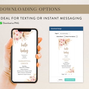 K&ouml;nnte beinhalten: Ein digitales Mockup einer Babyparty-Einladung mit einem floralen Design. Die Einladung ist in einem rosa und goldenen Farbschema gehalten und enth&auml;lt den Text "hello baby" und den Namen "Samantha Green".