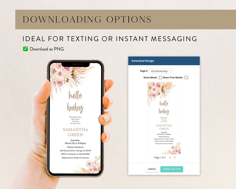 K&ouml;nnte beinhalten: Ein digitales Mockup einer Babyparty-Einladung mit einem floralen Design. Die Einladung ist in einem rosa und goldenen Farbschema gehalten und enth&auml;lt den Text "hello baby" und den Namen "Samantha Green".
