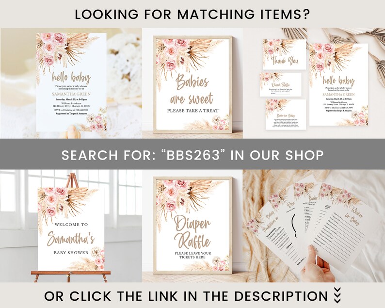 K&ouml;nnte beinhalten: Ein Set druckbarer Babyparty-Dekorationen im Boho-Stil mit Pampasgras und rosafarbenen Bl&uuml;ten. Das Set beinhaltet Einladungen, ein Willkommens-Schild, ein Schild f&uuml;r die Windel-Tombola und Spiele. Der Text auf den Einladungen lautet "hello baby" und "Samantha Green". Der Text auf dem Willkommens-Schild lautet "Willkommen zur Babyparty von Samantha". Der Text auf dem Schild f&uuml;r die Windel-Tombola lautet "Windel-Tombola" und "Bitte hinterlassen Sie Ihre Tickets hier".