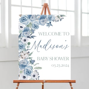 Bearbeitbares Junge Baby in Bloom Babyparty Willkommensschild, Blaue Frühlingsblumen Babyparty Poster, Junge Wildblumen Babypartydekor, BBS603