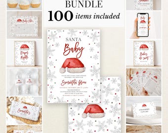 Könnte beinhalten: Ein Babyparty-Paket mit 100 Artikeln im Weihnachtsmannmützen- und Schneeflocken-Design. Das Set enthält Einladungen, Schilder, Cupcake-Topper, Wasserflaschenetiketten und Spielkarten, die mit roten Weihnachtsmützen und silbernen Schneeflocken verziert sind.